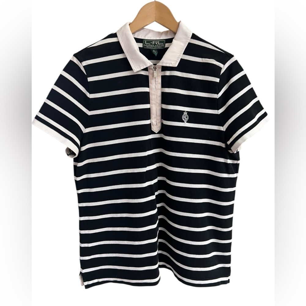 RALPH LAUREN ACTIVE Monogram Logo Black/White 1/4 Zip XL Striped‎ Golf Polo Top